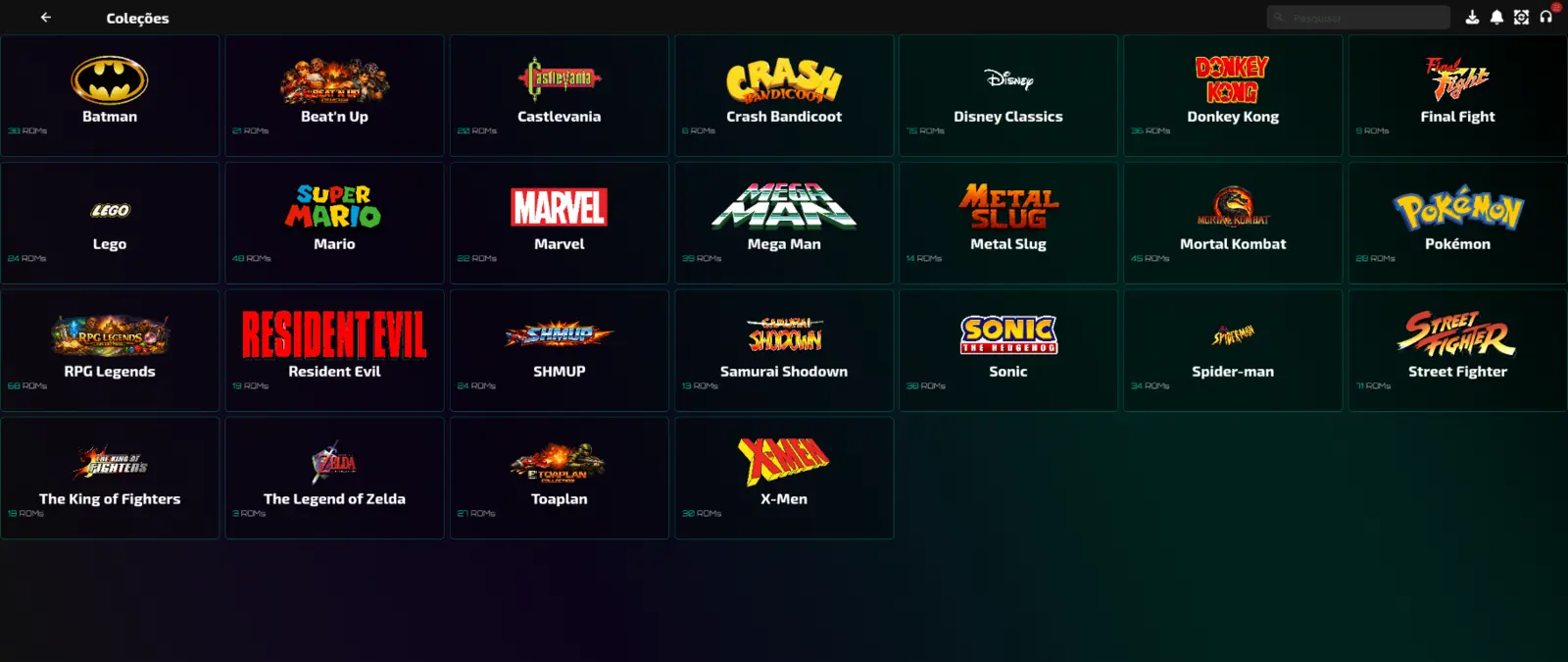 Captura real do Etera com coleções de jogos como Mario, Sonic e Castlevania
