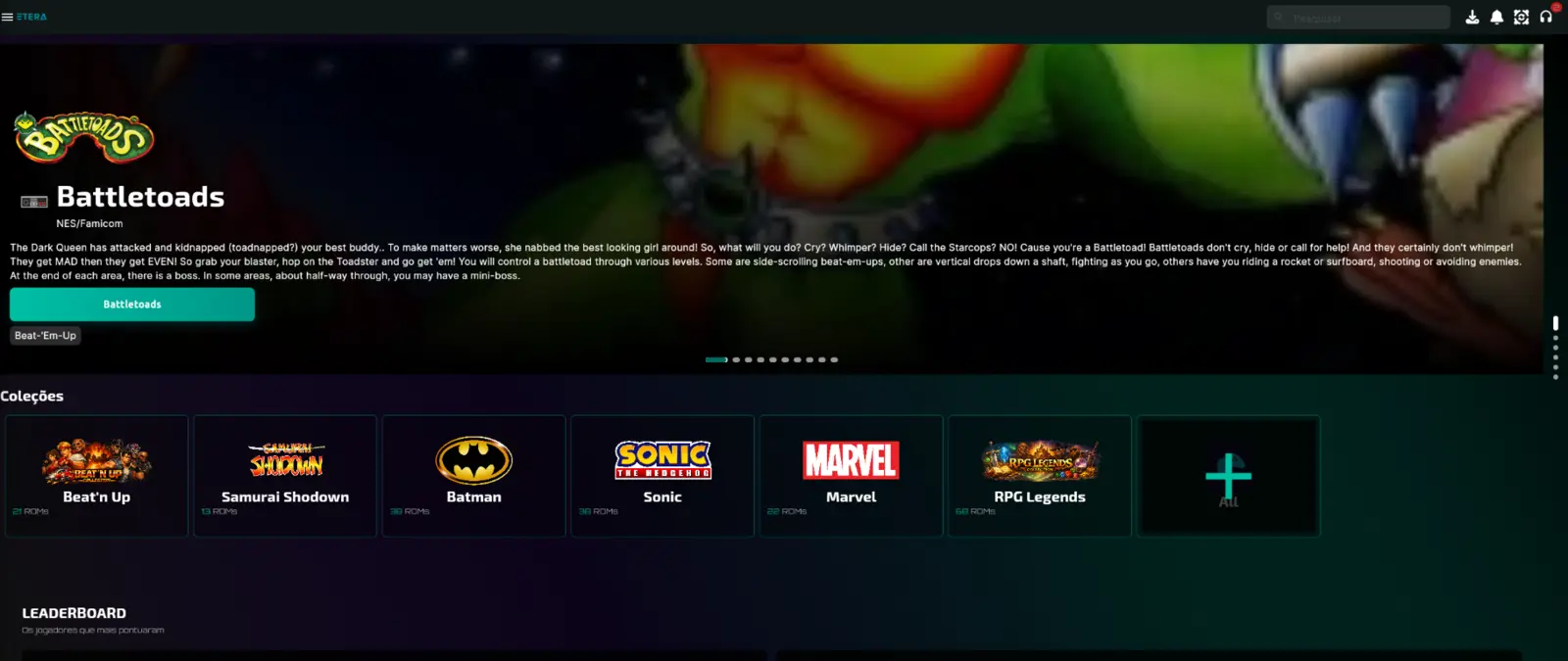 Tela inicial do Etera mostrando jogos, coleções e rankings