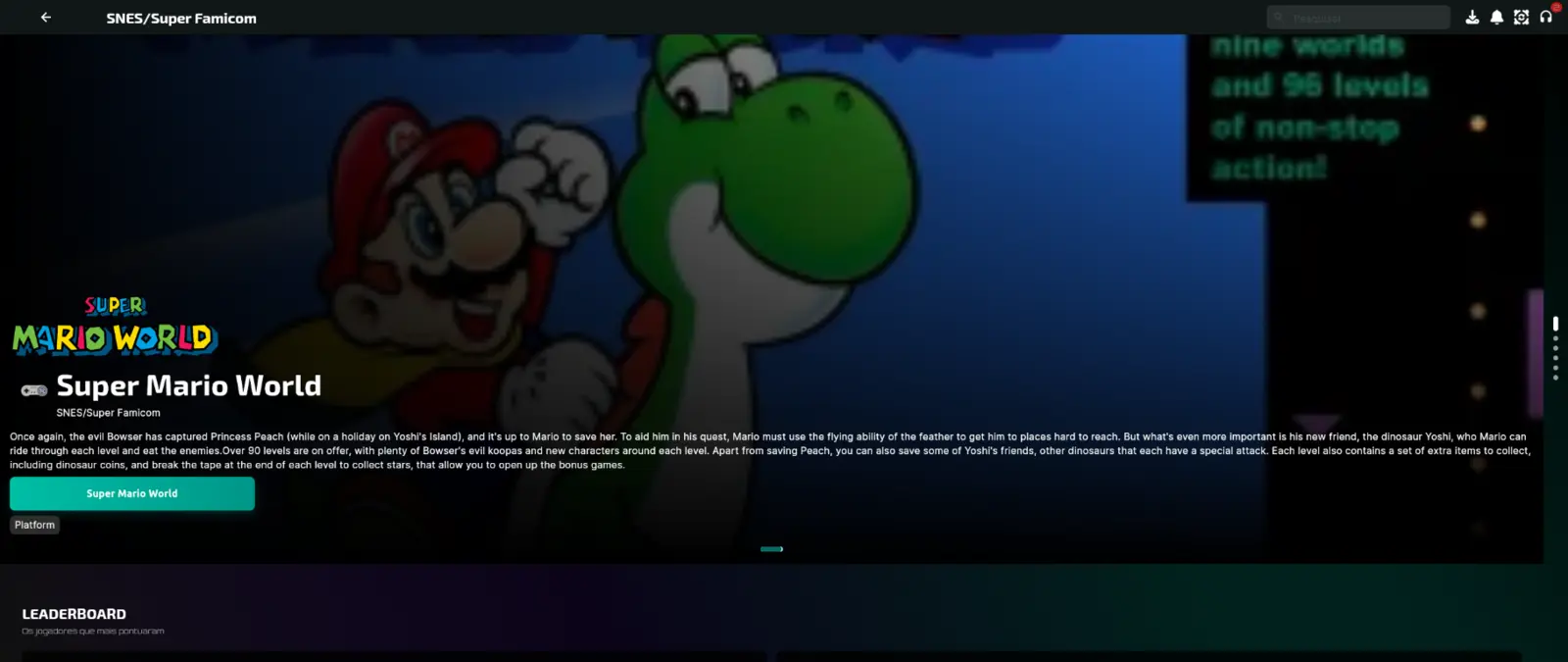Página de um jogo no Etera com detalhes, progresso e lista de conquistas