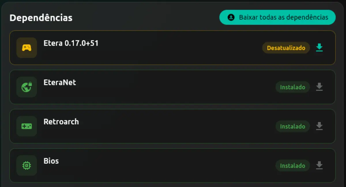 Launcher do Etera listando as dependências (Etera, EteraNet, RetroArch e BIOS) com status instalado ou desatualizado e o botão para baixar todas