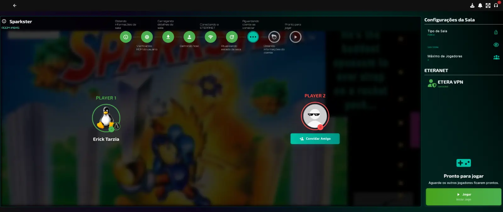 Sala de Netplay do Etera com dois jogadores prontos para começar uma partida